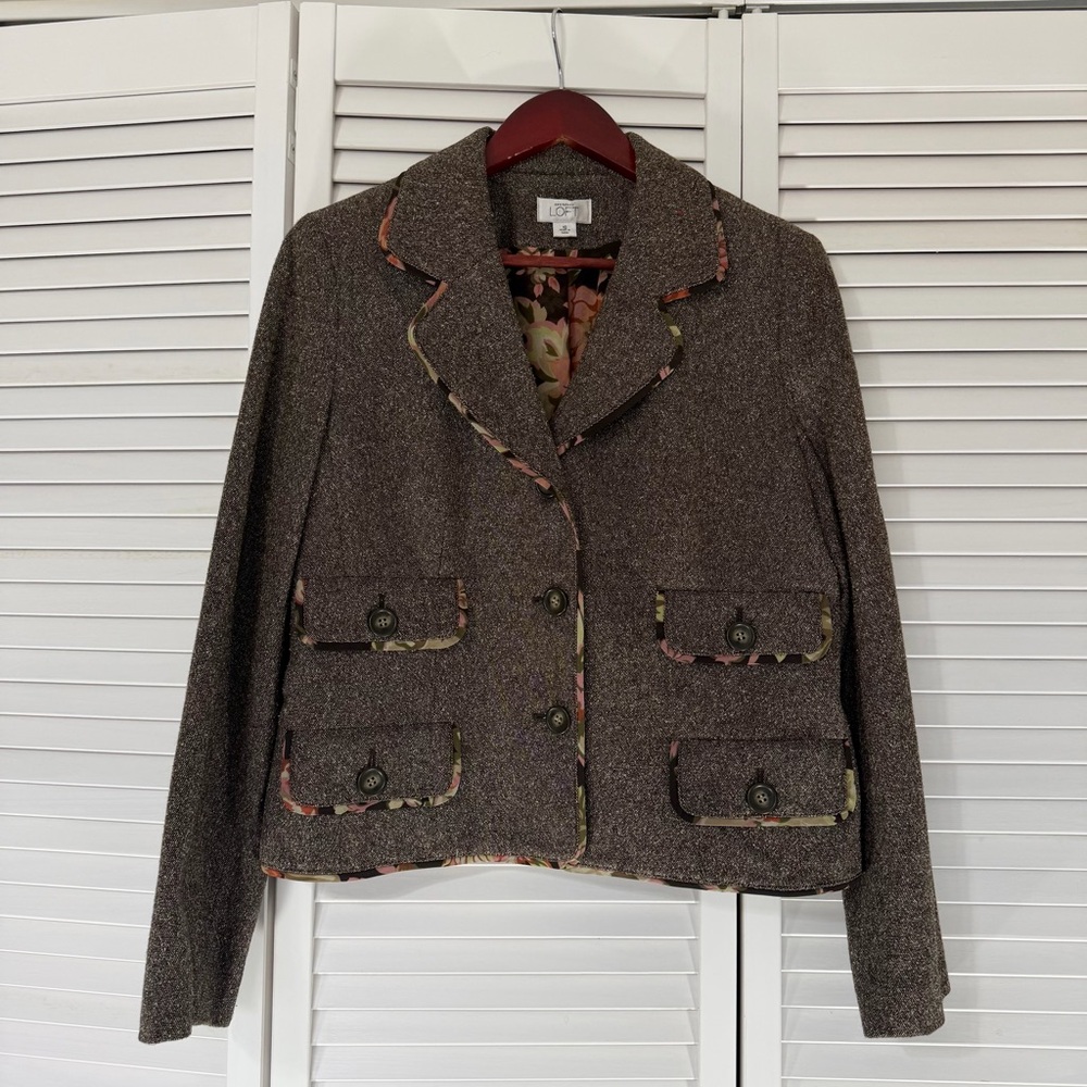 Ann Taylor LOFT Brown Tweed Blazer Floral Trim Size 10 Wool Silk